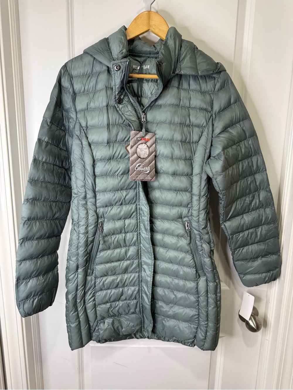 32 Degrees Heat Cloudfill Hooded Puffer Jacket Full Zip Chinois Green M